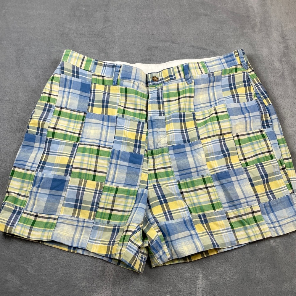 Jos A Bank Mens 40 Patchwork Madras Shorts Plaid Cotton Blue Green Yellow Preppy